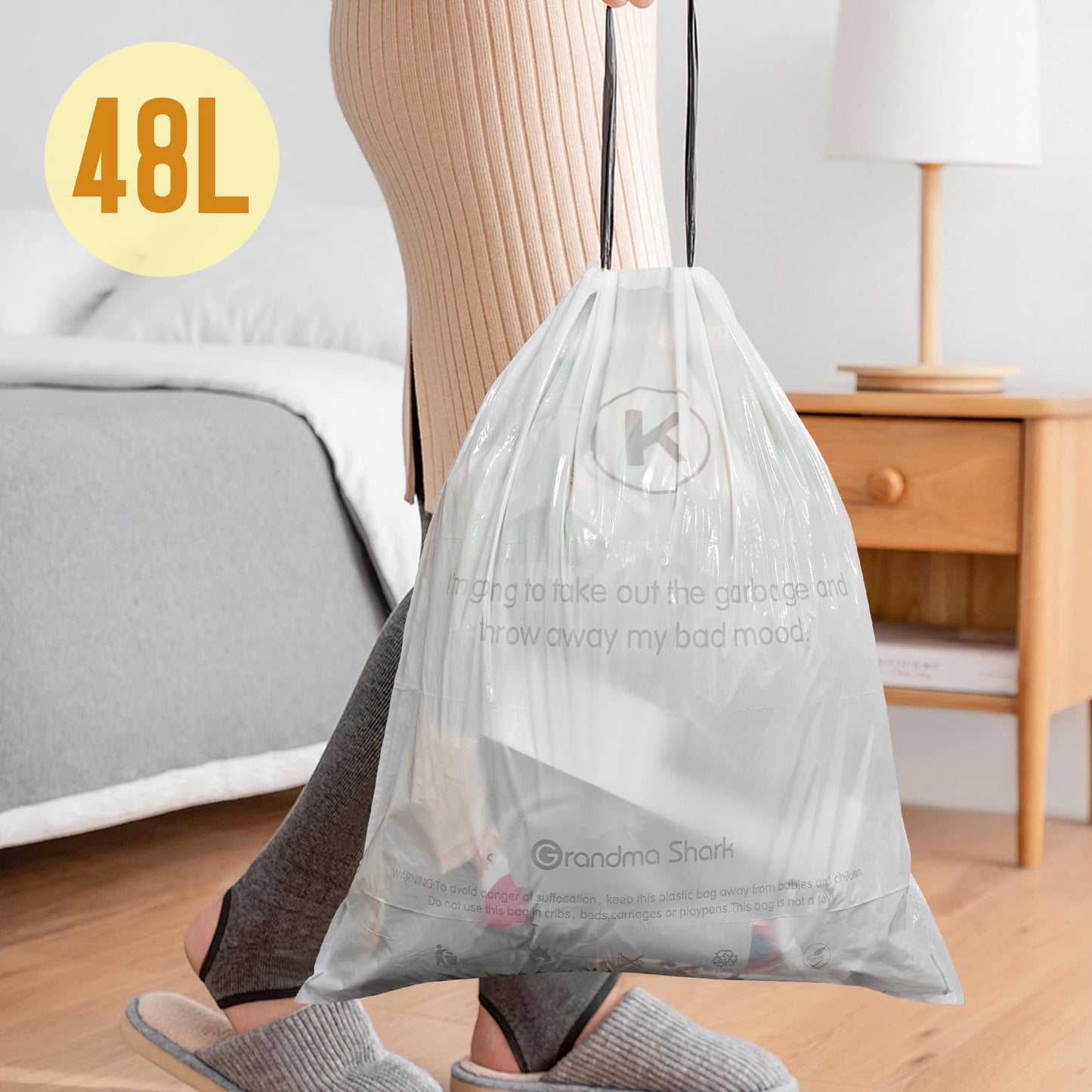 GRANDMA SHARK 38-48L UP TO 55L Bin Bags Liners Drawstring Trash Bag, Handle Waste Bags, 90 Garbage Bag, Super Strong, Anti-drip Unscented, 60 × 74 cm