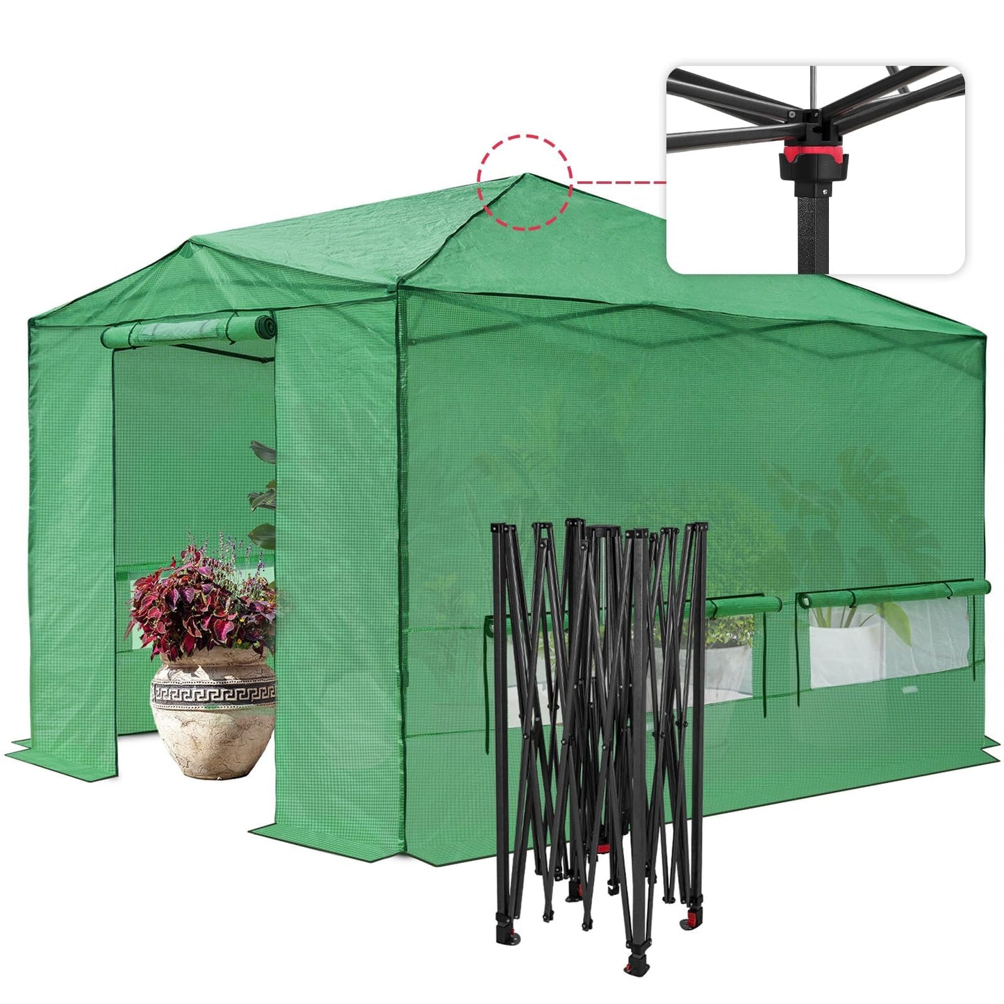 EAGLE PEAK 12x8 Portable Large Walk-in Greenhouse Instant Pop-up Fast Setup Indoor Outdoor Plant Gardening Green House Canopy, Front Roll-Up Zipper Entry Doors and Roll-Up Side Windows, Green