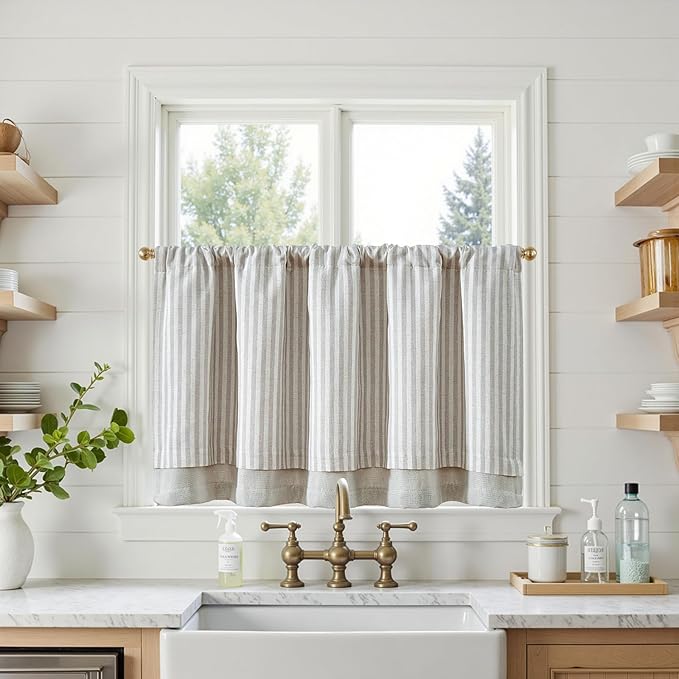 jinchan Double Layer Striped Linen Kitchen Tier Curtain Rustic Cafe for Living Room Bathroom Half Window Curtain Light Filtering Rod Pocket 1 Panel 24 Inch Taupe Grey