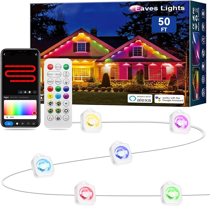 Permanent Outdoor Lights, 50ft Smart IC+RGB Outdoor Christmas Lights with 36 LED, IP67 Waterproof LED Eaves Lighting with DIY Scene Modes for Halloween Holiday Decor, Smart APP & Remote Control