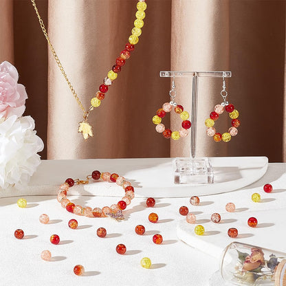 PH PandaHall 200pcs 8mm Fall Beads Yellow Orange Crackle Glass Beads Round Handcrafted Loose Bead Autumn Baking Painted Bead for Harvest Thanksgiving Bracelet Necklace Earrings Jewelry Making