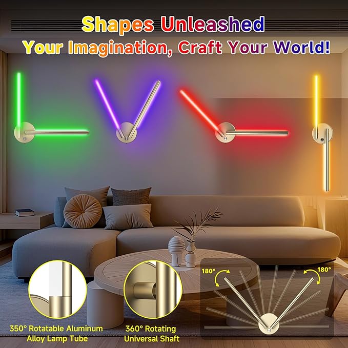Battery Operated Wall Sconce Set of 2,Wireless Wall Lights with Remote, 360°DIY Rotatable RGB Lamp with Timer, 3000K-6500K LED Dimmable Wall Decor for Vanity, Living Room, Hallway Gold