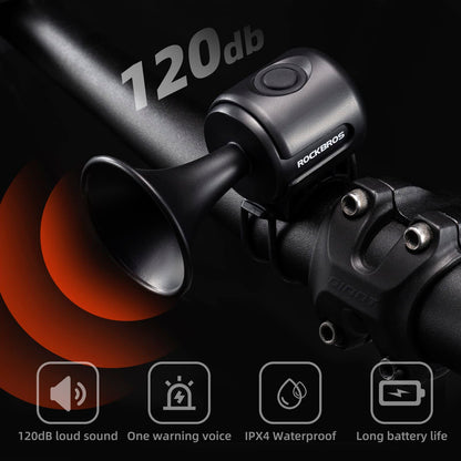 ROCKBROS Electric Bike Horn 120dB Adults Kids Bike Horn Alarm IPX4 Waterproof Electronic Bicycle Horns for Handlebars Ebike Scooter Horn Black