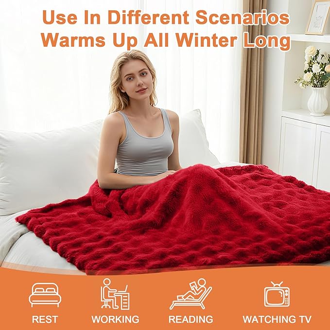 Heated Blanket Electric Throw Blanket 72''X 84''-Heating Blanket with 6 Heat Settings-10 Hours Auto Off,Cozy Faux Rabbit Fur Bubble Electric Blanket,Red