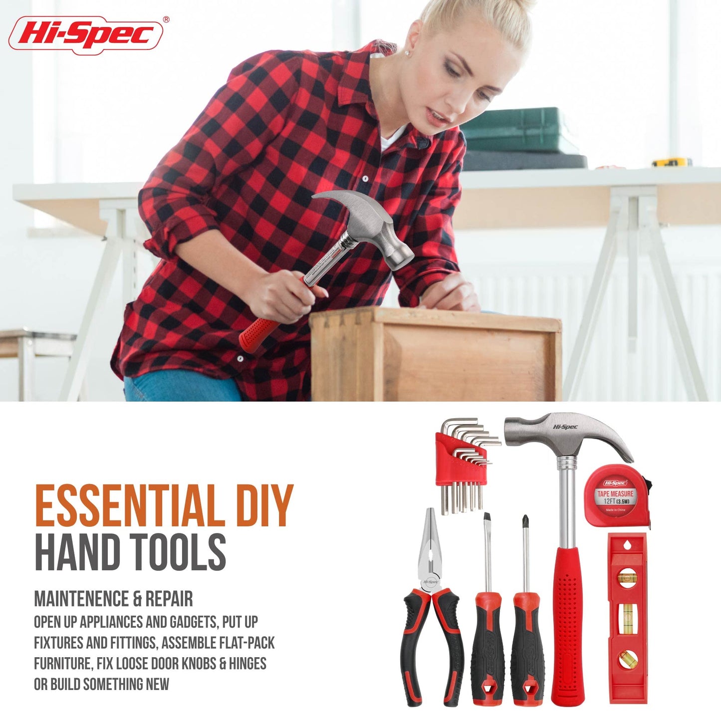 Hi-Spec 57pc Red 8V Electric Drill Set & Household Kit – DIY Hand Tools, Cordless Power Screwdriver, Essential Set with Drill Bits for Home Repairs, Maintenance & Projects