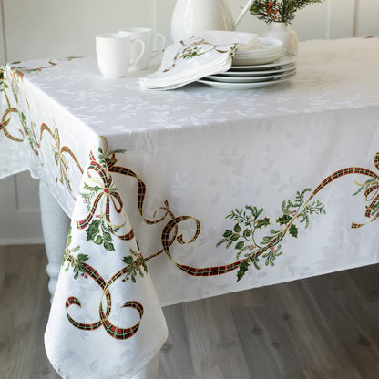 Benson Mills Merry Ribbons Engineered Printed Jacquard Fabric Christmas Table Cloth, for Christmas, Winter, and Holiday Tablecloth (60" x 104" Rectangular, Merry Ribbons)