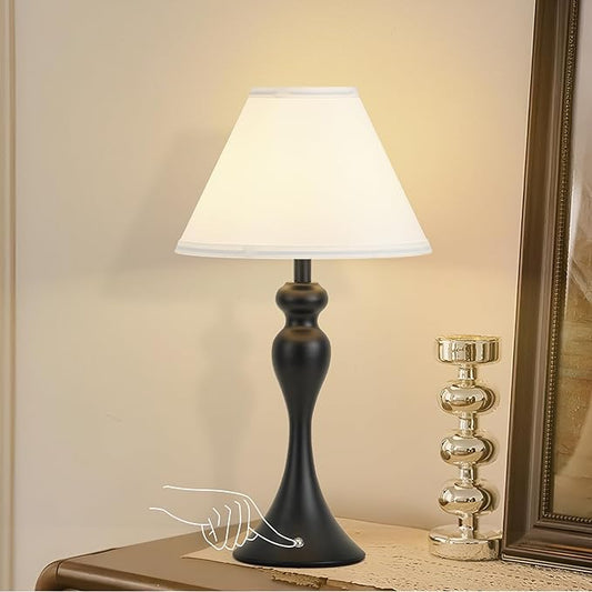 Cordless Bedside Lamp for Living Room, Table Lamp for Bedroom, 3-Way Dimmable Nightstand Lamp with Fabric Shade, Rechargeable Touch Led Desk Lamp Battery Operated Lamp for Dorm, Home Office (Black)