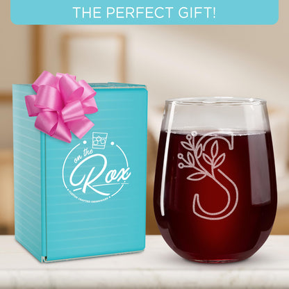 On The Rox Drinks Monogrammed Gifts For Women and Men - Letter A-Z Initial Engraved Monogram Stemless Wine Glass - 17 Oz Personalized Wine Gifts For Women and Men (S)