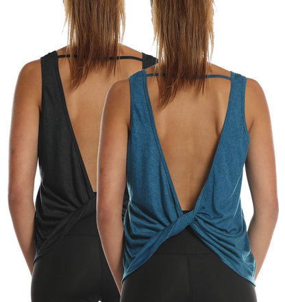 icyzone Workout Tank Tops for Women - Open Back Strappy Athletic Tanks, Yoga Tops, Gym Shirts(Pack of 2) (L, Black/Denim)