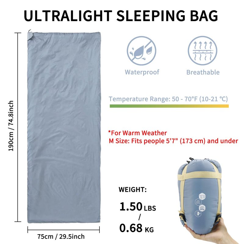 NewDoar Ultralight Backpacking Sleeping Bag - 50-70°F, 1.5lbs, Waterproof & Machine Washable, 2-Way Zipper for Teens,Couples,Women,Men Compact for Hiking/Camping (Blue,Medium)