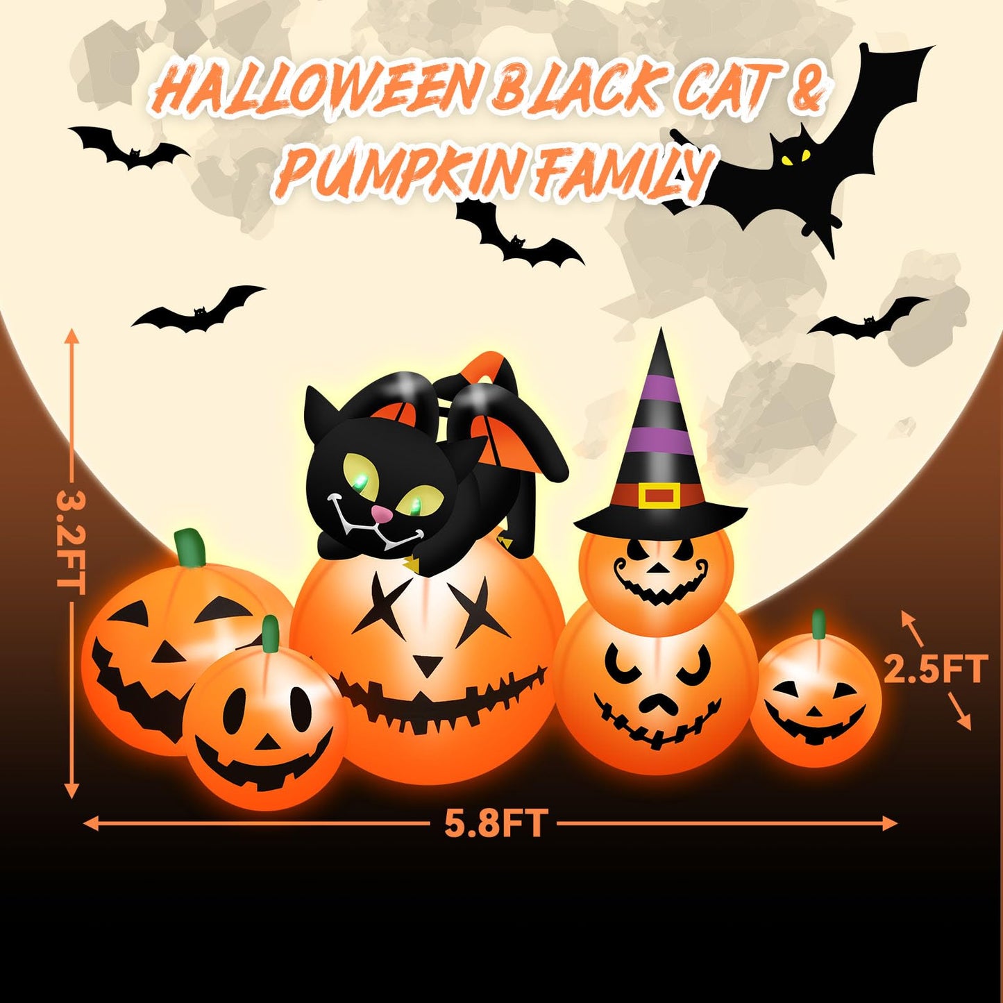 5.8 FT Long Halloween Inflatables Pumpkin Outdoor Decorations Blow Up Inflatables Pumpkin Patch with Black Cat & Witch Hat Build-in LEDs Outdoor Blow Up Yard Decorations for Holiday Party Lawn Garden