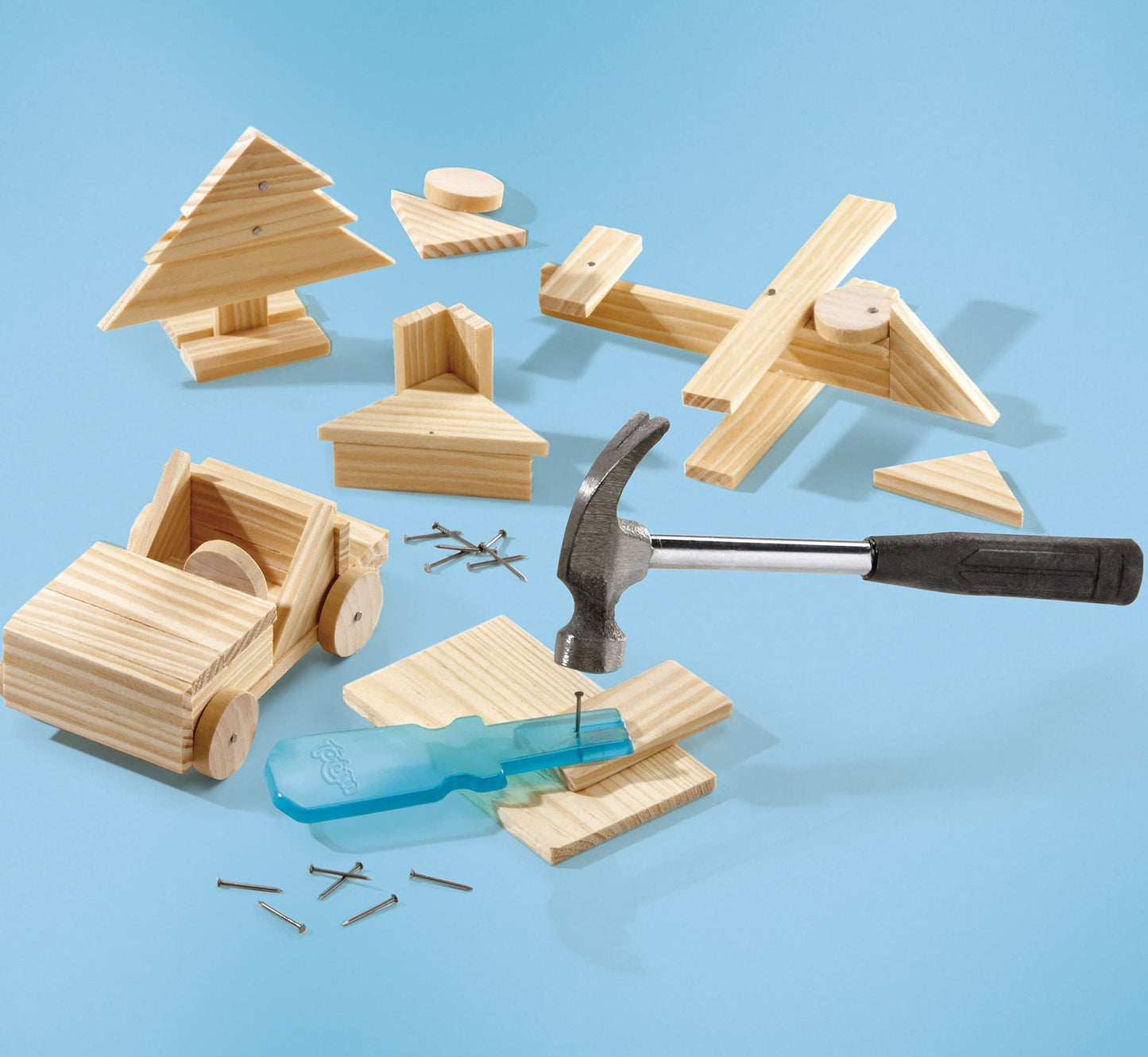 Hammer game Carpenter King- carpenter set: with wooden parts, nails and wooden hammer, Wood Color