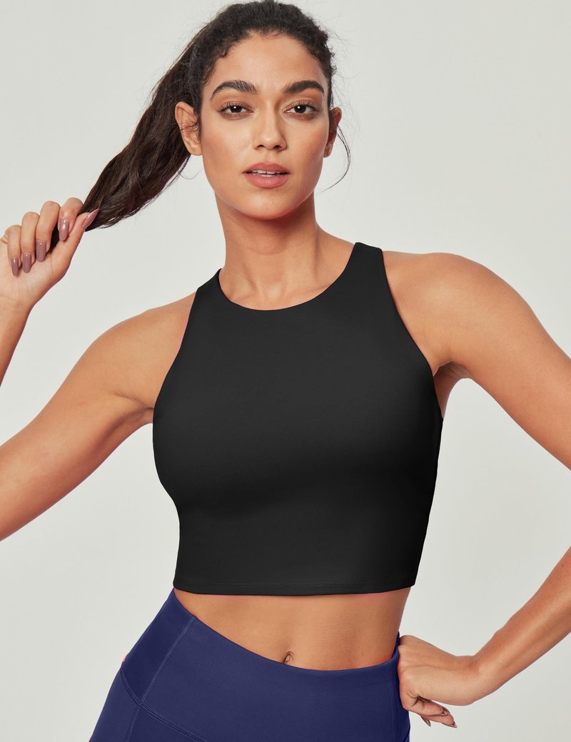 Ewedoos Tank Tops with Built in Bras Longline Sports Bras for Women High Neck Racerback Sports Bra Padded Workout Crop Black