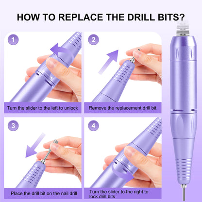 Professional Electric Nail Drill File:COSYGLOW Glitter Portable Cordless E-File Nail Drill Kit with 11 Drill Bits,30000 RPM Rechargeable Nail Drills Machine for Acrylic Nails Gel Polishing (Pink)