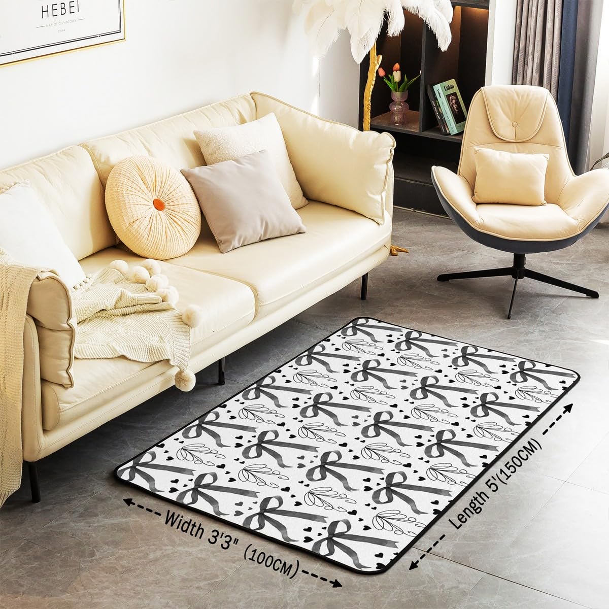 Manfei Cute Bow Kids Area Rug Black Bow Heart Print Floor Mats Rugs for Girl Women Room Decor, Cartoon Bowknot Decorative Rug for Living Room, Absorbent Carpets, 3'x5'