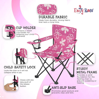 Emily Rose Kids Pink Flowers Folding Beach Camping Camp Chair with Safety Lock, Carry Case & Cup Holder - for Girls Toddlers - Tailgate, Travel, Lawn, Sports - Indoor & Outdoor | USA Company