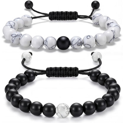 BBTO Couples Bracelets Long Distance Matching Bracelets 8mm Howlite Beads Black Matte Agate for Couples His and Her Gifts(Classic Style)