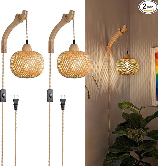 Frideko Bamboo Wall Sconces Set of Two Plug in, Boho Wall Lamp with Plug in Cord, Farmhouse Light Fixtures with 9.84FT On/Off Switch Cord, Rattan Sconces Lighting for Bedroom Living Room