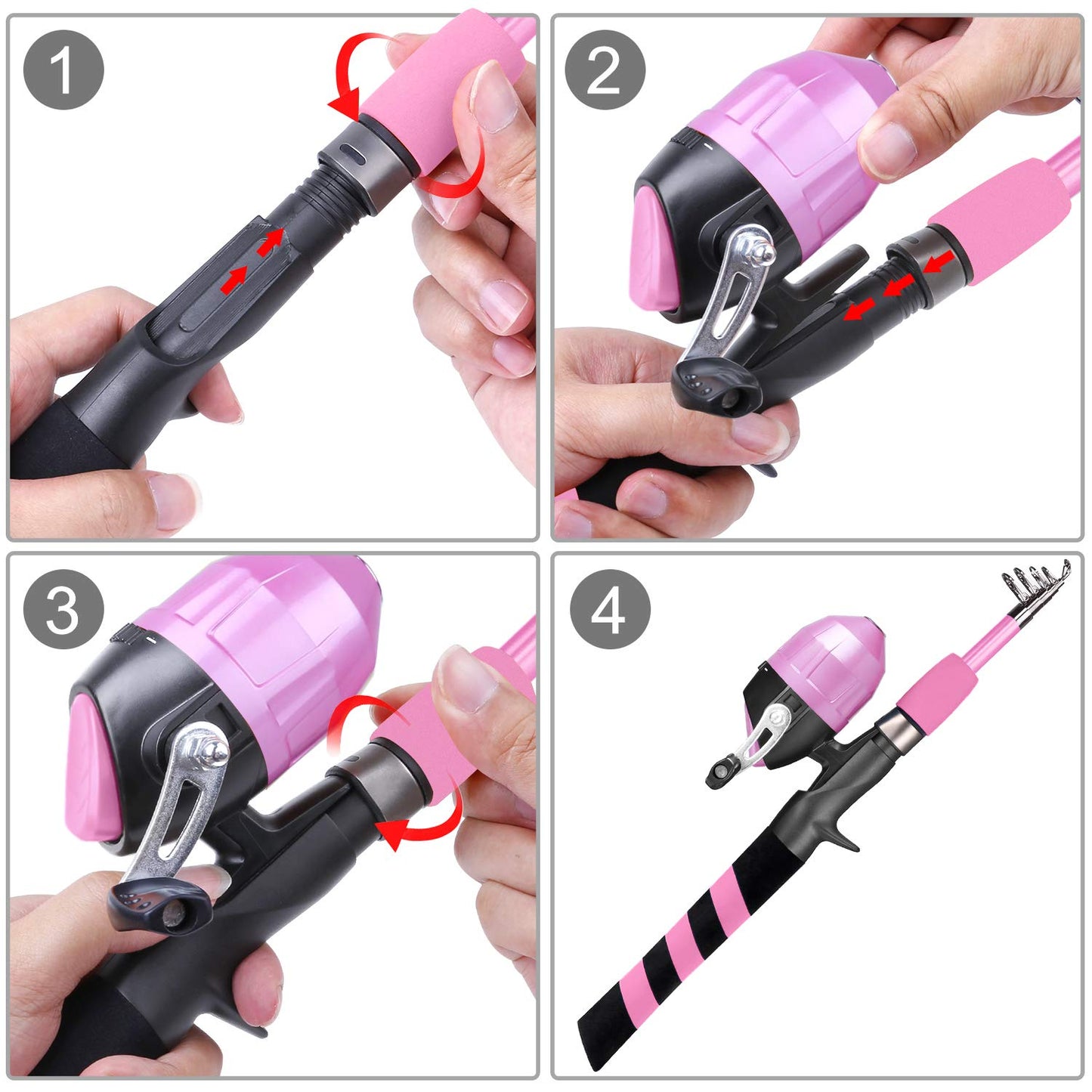 PLUSINNO Kids Fishing Pole, Portable Telescopic Fishing Rod and Reel Combo Kit - with Spincast Fishing Reel Tackle Box for Boys, Girls, Youth (Pink, 1.2M 3.94Ft)