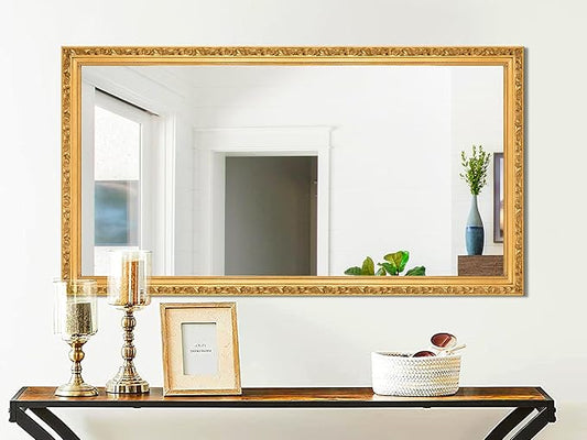 Large Vintage Decorative Mirror for Wall Decor, 52'' x 28'' Gold Antiuqe Living Room Mirror with Ornate Frame, Traditional Vintage Gold Mantle Mirrors, Horizontal/Vertical