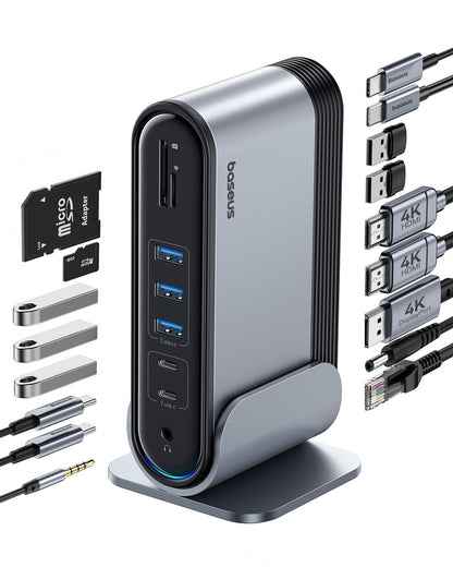 Baseus 17-in-1 Docking Station, Laptop Docking Station 3 Monitors with 3 * 4K HDMI, USB C Docking Station with 7 USB, 1000Mbps Ethernet, 100W PD, Card Readers Compatible with Acer/HP/Lenovo/Mac/Dell
