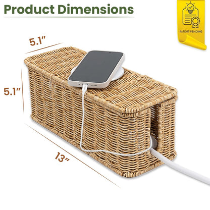 Cable Management Box, Handmade Rattan Cable Organizer, 2 Open Slots Cords Hider Box, Under Desk Cord Organizer for Computer Router USB Hub & Power Strip, Patent Pending, 13" x 5.1" x 5.1", Natural
