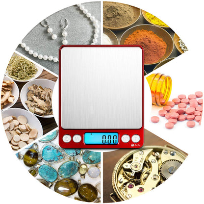 Brifit Pocket Scale, 500g x 0.01g High Precision Scale with 100g Weight, Mini Kitchen Scale with Backlit, 2 Trays, Jewelry Scale with Tare and PCS Function, Stainless Steel, Battery Included (Red)