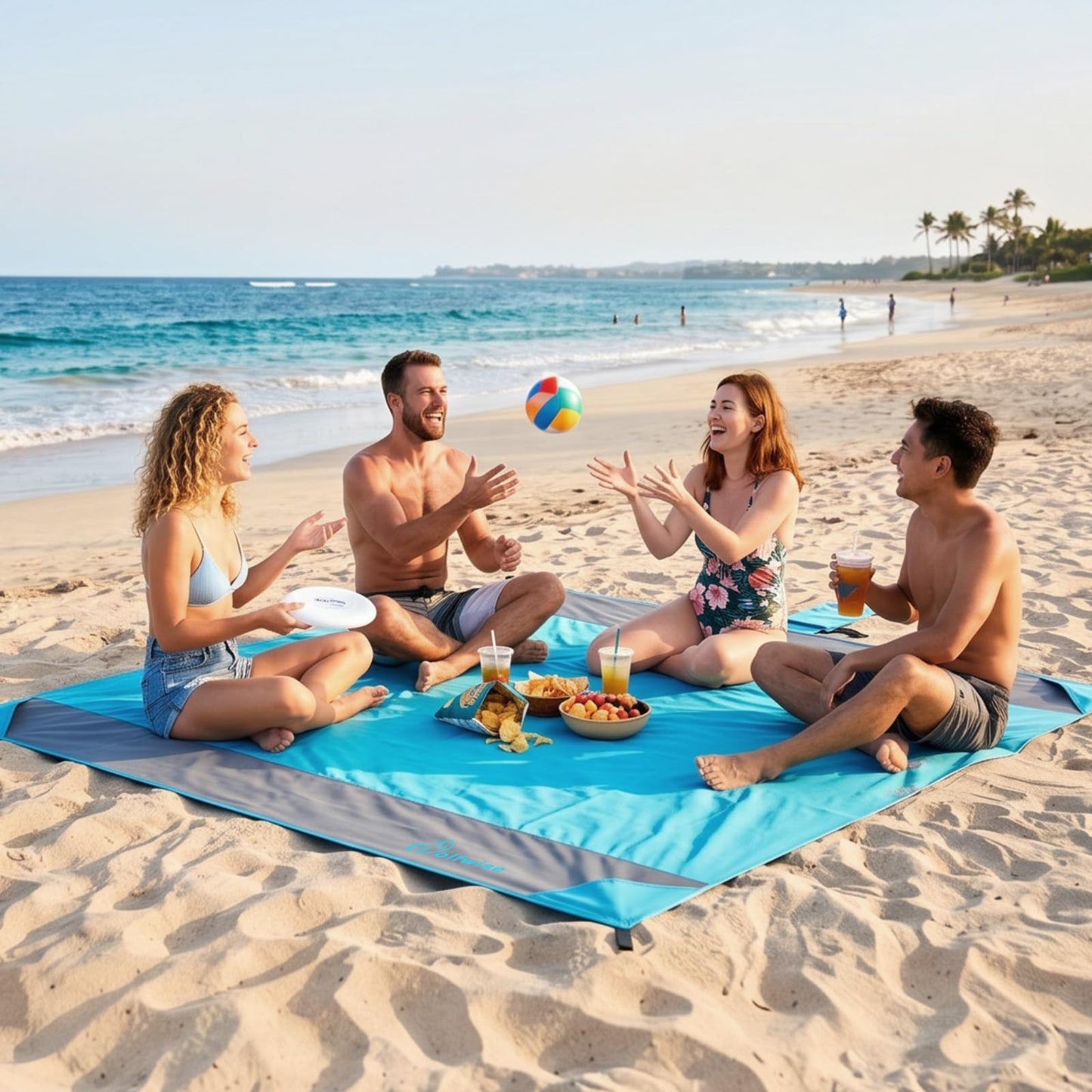 WolfWise 78" × 81" XXL Beach Blanket, Waterproof & Sandproof Picnic Mat with 4 Sand Pockets & 4 Stakes, Windproof Outdoor Camping Beach Mat, Lightweight, Fits 4 People, Blue