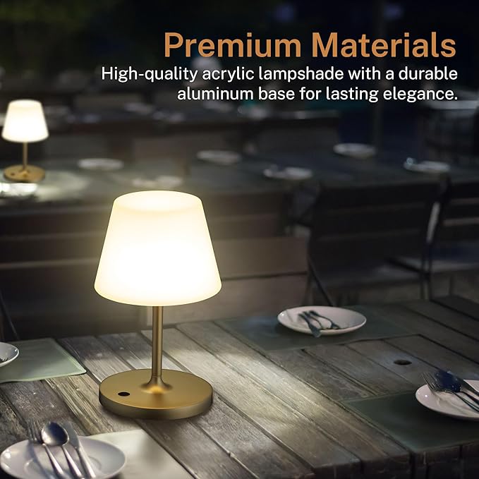 Outdoor Battery Operated Table Lamp & Power Bank - 5000mAh Rechargeable Battery Powered, Touch Dimmable, 3 Color Temperatures, IP44 Waterproof Lamp Light for Home, Patio Use - 9.6 In Modern Brass