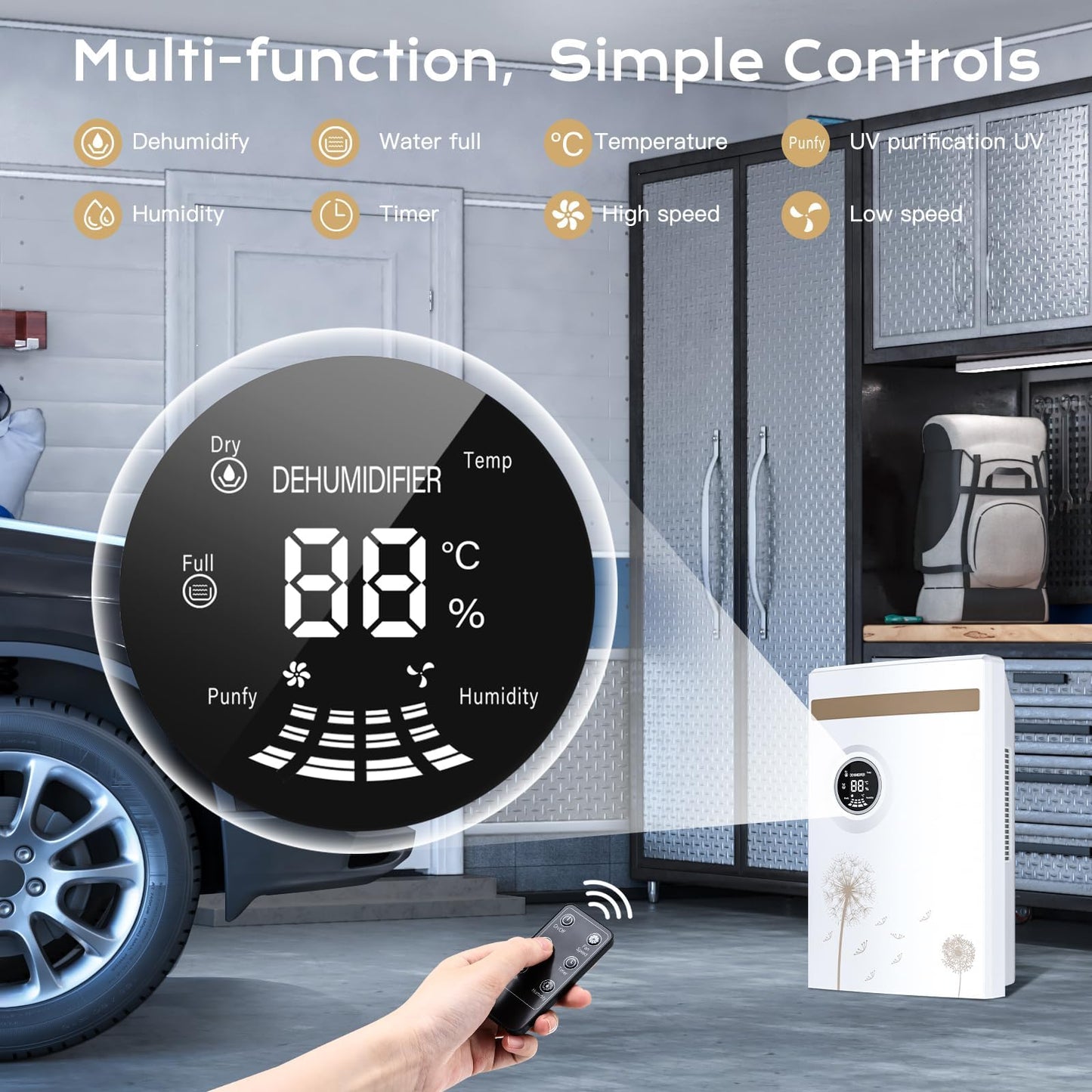 Dehumidifier for Home 2.2L, Electric Dehumidifier 2 Mode 1-24 Hour Timer UV Purification LED Display Automatic Defrosting w Remote Control Moisture & Mold Removal GB-100 for Bedroom, Bathroom, Office