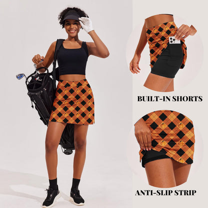 Ekouaer Womens Halloween Skirt Skorts with Pockets High Waisted Pickleball Skirts Printed Tennis Skorts,Orange Print XL