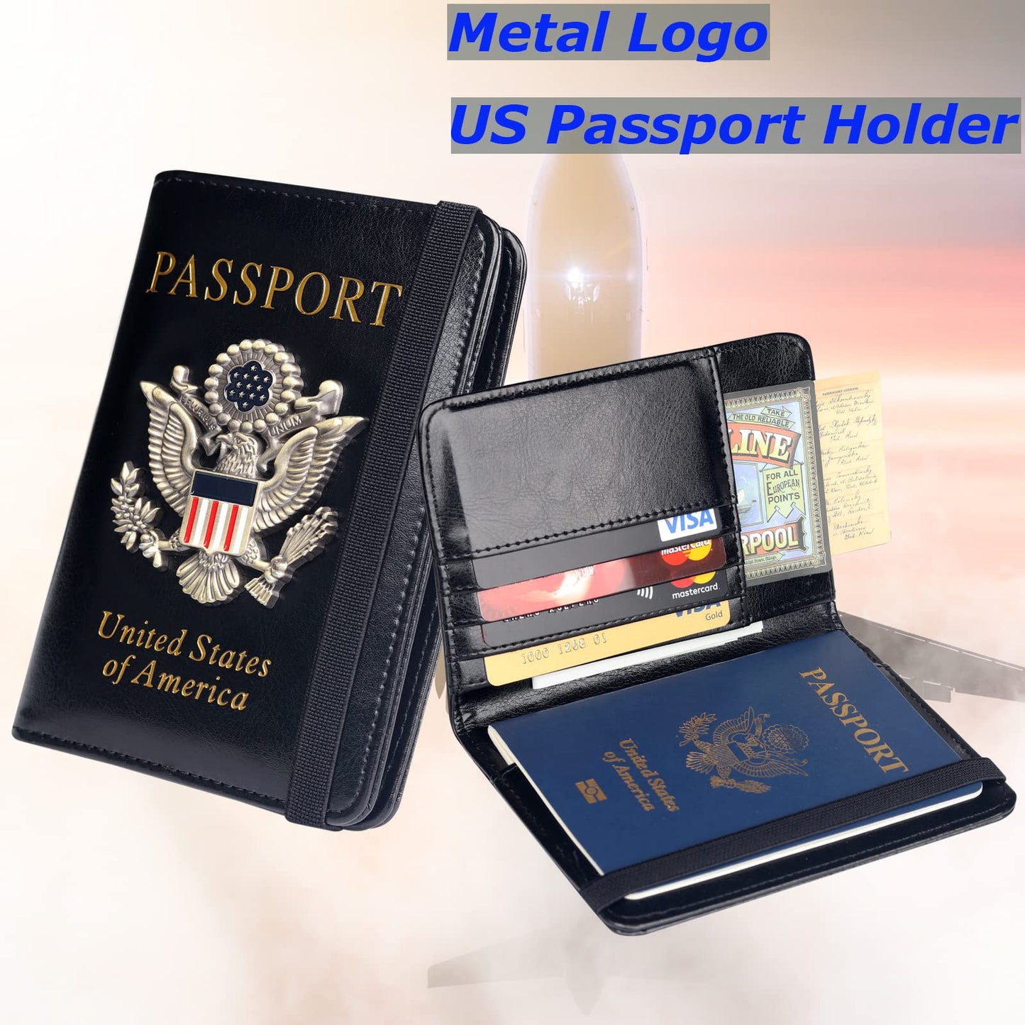 Herain Passport Holder Wallet Cover Case for Men Women Family, Metal US Badge Passport Book Holers with RFID Blocking, Travel Essentials Cruise Must Haves