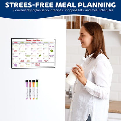 HILYFE Monthly Planner Whiteboard A3- Magnetic Fridge Calendar for Cupboard & Wall with 4 Dry Erase Markers - Meal Planning Memo Board - Task Planning and Event Reminder Notice Board