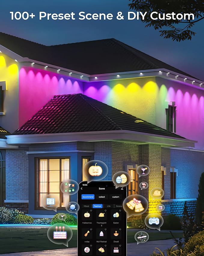 CINOTON Permanent Outdoor Lights Pro 100ft, Smart RGBCW Eaves Lights with 60 LEDs, IP67 Waterproof, 111 Scene Modes for Daily and Festival, Halloween Christmas Holiday Decor, APP/Voice/Remote Control