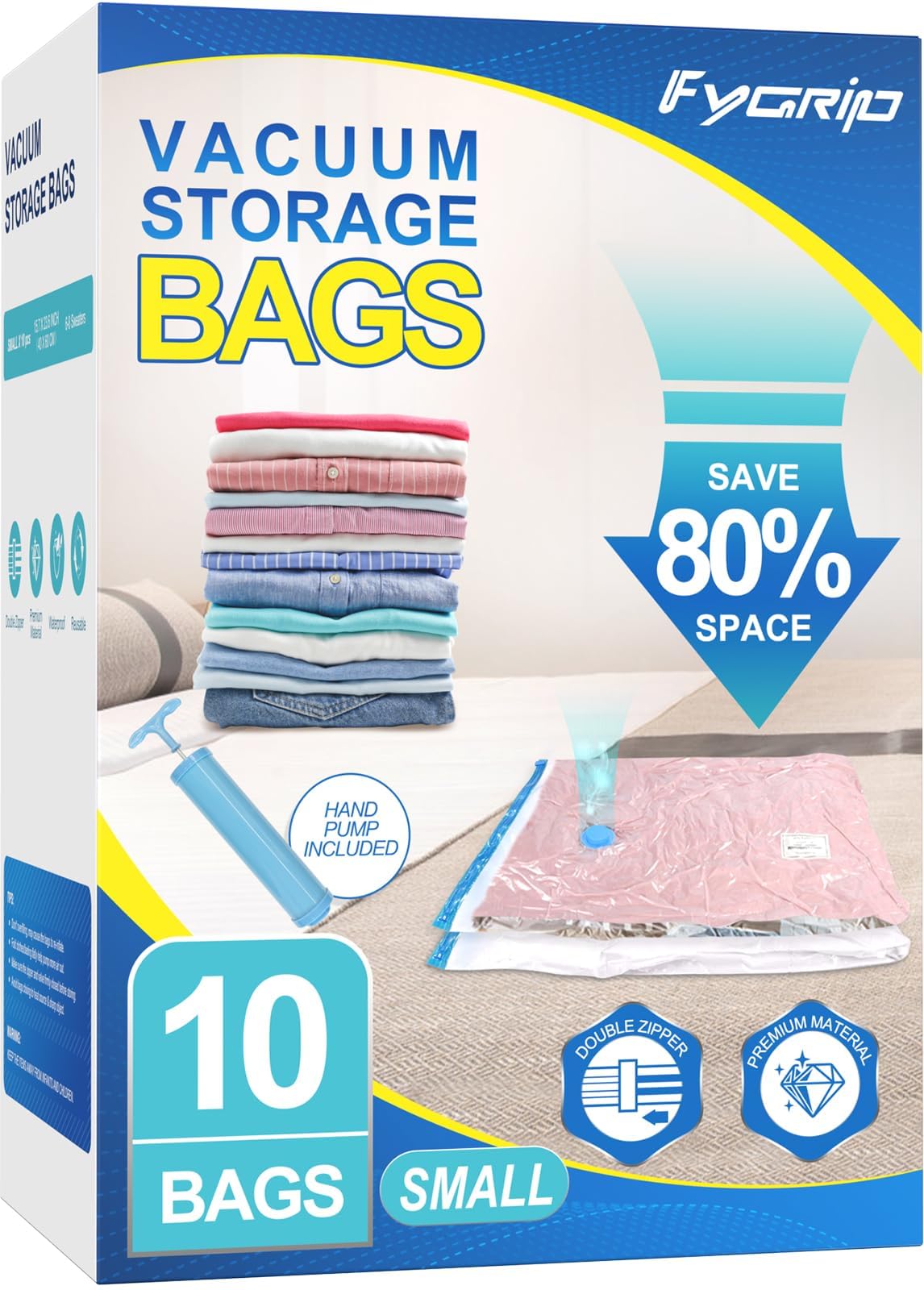 Fygrip 10 Pack Small Vacuum Storage Bags with Hand Pump, Plastic Packaging Bags, 80% Space Saver Vacuum Seal Bags for Clothing, Travel Lugggage, Blankets, Comforters