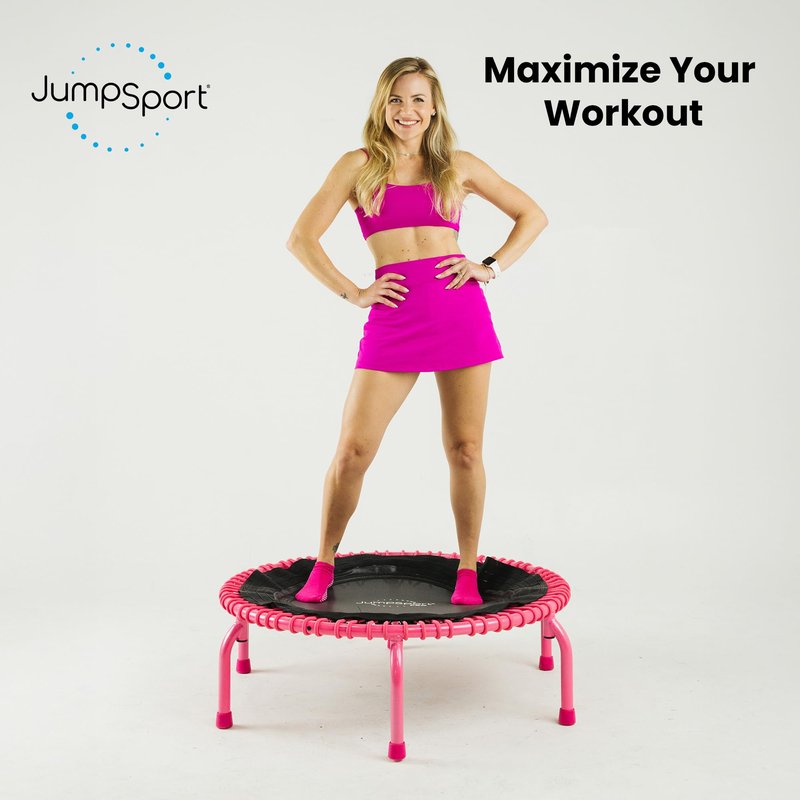 JumpSport 350 PRO Fitness Trampoline, Cardio Workout, No-Tip Arched Legs Home Gym Equipment with Adjustable Bungees & 60 Day Trial Video, 39", Pink