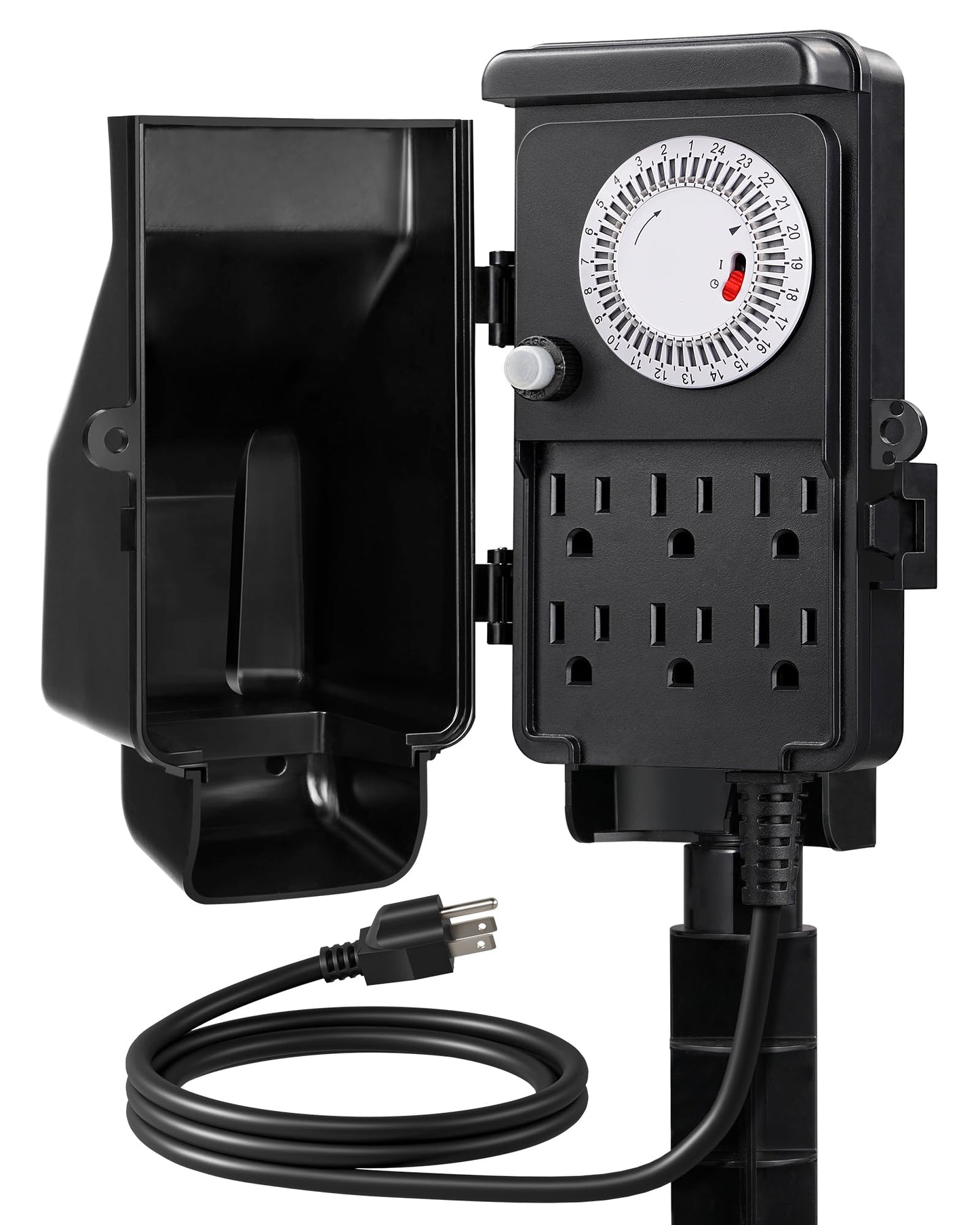 DEWENWILS Outdoor Mechanical Power Strip Timer, 24 Hour Multi Socket, Waterproof 6 Outlet Garden Power Stake, 6 ft Cord, 1800W/15A Heavy Duty, for Lights, Yard, Garden