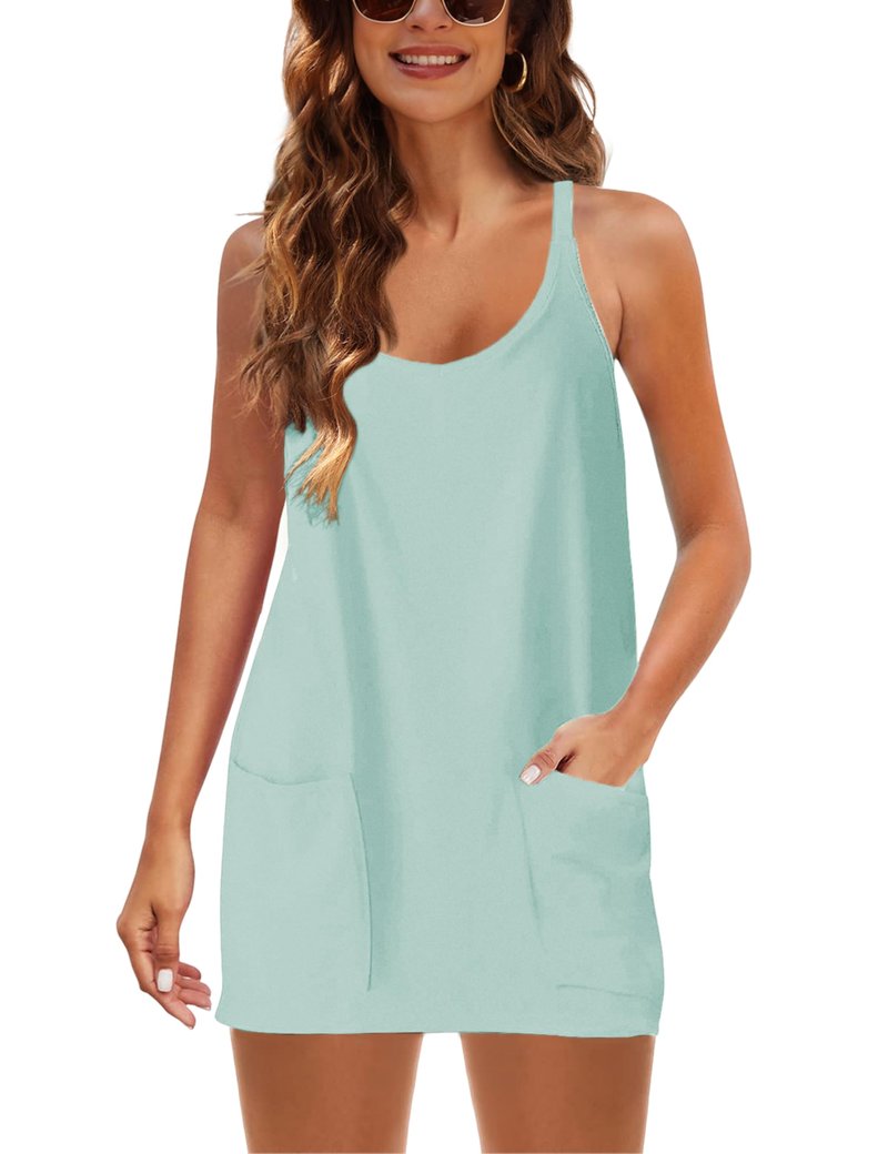 Lentta Womens Athletic Sleeveless Mini Dress with Built-in Shorts V Neck Sundress(MintGreen-XXL)