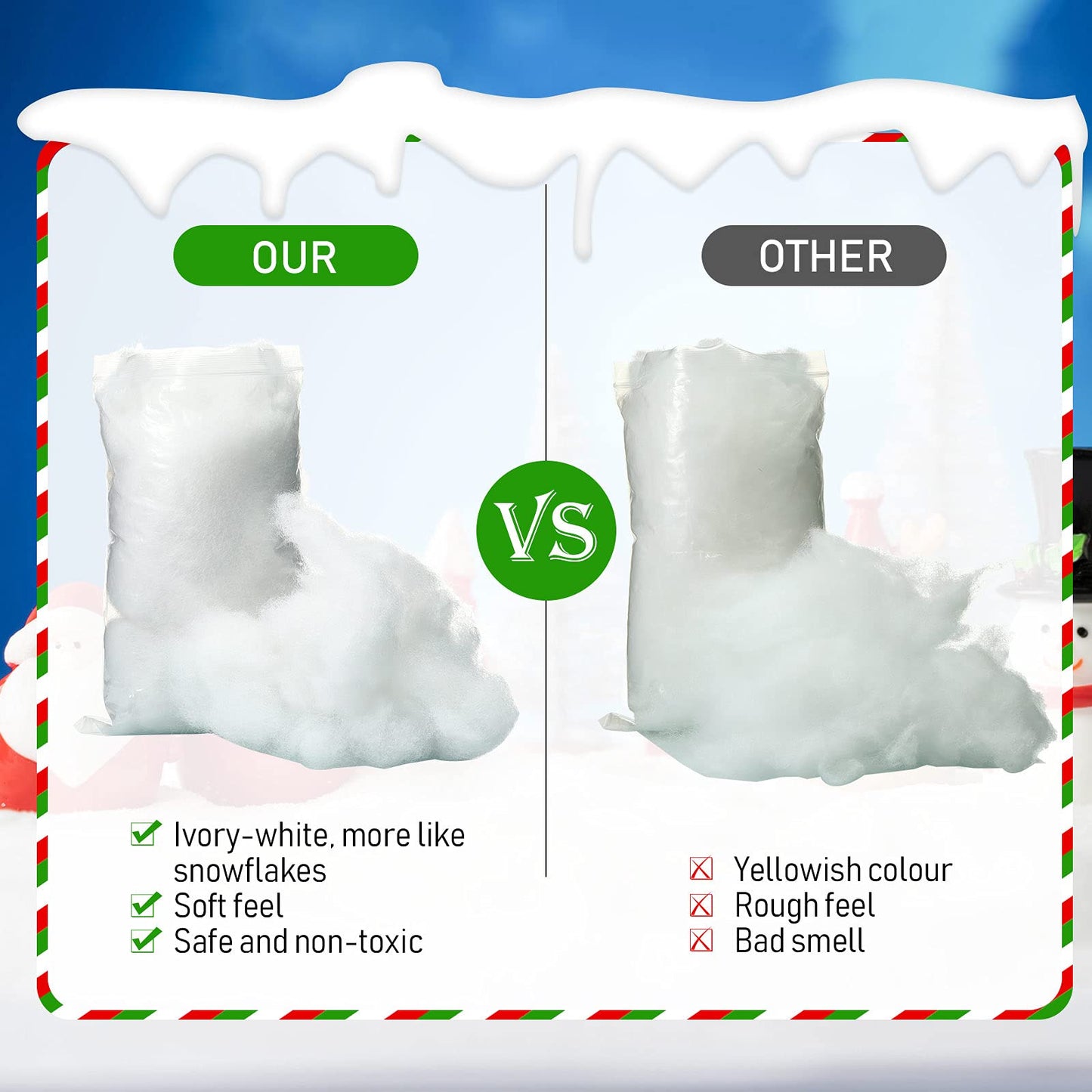Tatuo 7 oz Fake Snow 200 g Per Bag Artificial Fake Cotton Christmas White Cloud Faux Fluffy Snow Indoor Soft for Winter Christmas Tree Mantle Village Nativity Scene