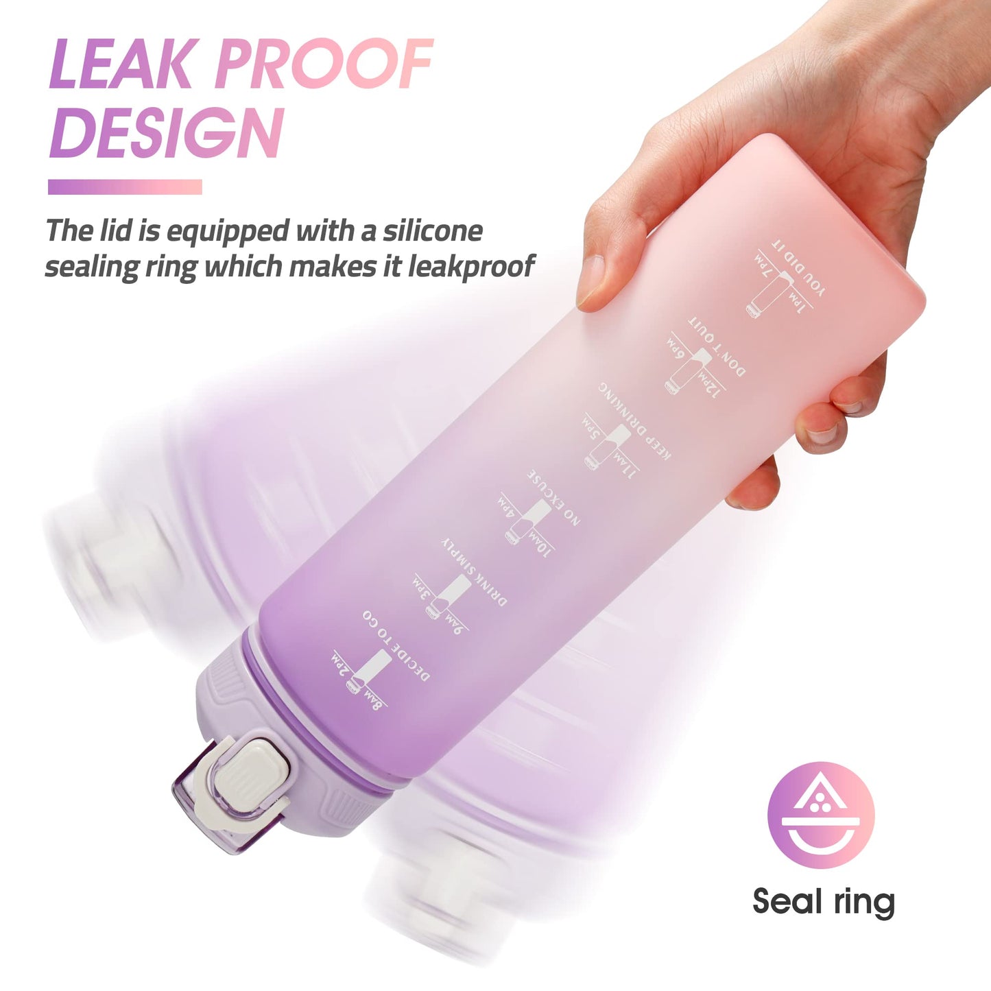 YC Kitchen Motivational Water Bottle with Time Marker- 32oz Water Bottles with Times to Drink, Leakproof & BPA Free Sports Water Bottle with Straw & Carry Strap for Fitness, Gym, and Outdoor Sports