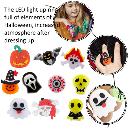 54PC Halloween Light Up Ring Halloween Party Favors LED Glow Ring for Kids Non Candy Gift (12 Styles Flashing Rings)
