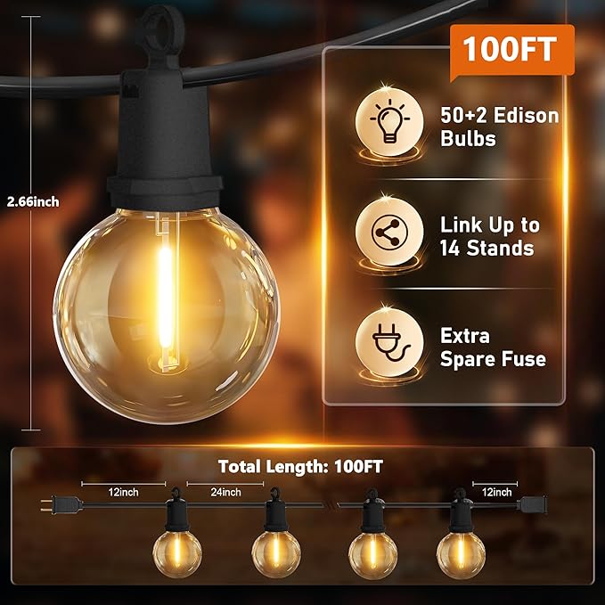 100Ft LED G40 Globe Outdoor String Lights Waterproof Patio Lights with 52 Shatterproof Warm White Bulbs(2 Spare), Hanging Outdoor Light for Backyard Balcony Wedding Christmas Party Decorations, Black