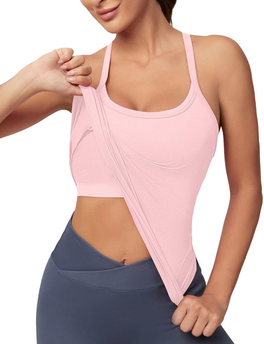 MathCat Workout Tank Tops for Women with Built in Bra, Sleeveless Gym Tops Seamless Racerback Athletic Yoga Shirts Light Pink