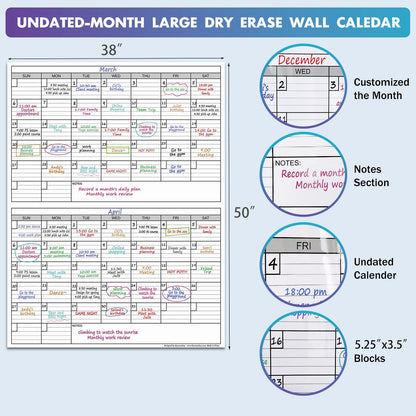 Dry Erase Two Month Laminated jumbo Wall Calendar, 38" x 50", Huge bimonthly Vertical Laminated Erasable White Board, Giant 60 day Family Whiteboard Schedule Planner, Large Multi Month Reusable Poster