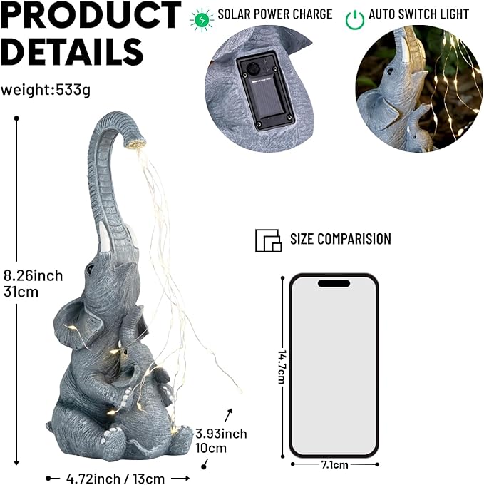 Elephant Statue with Solar Watering Lights, Outdoor Garden Decor for Patio, Yard, Lawn, Unique Gifts for Women, Mom – Resin Elephant Sculpture (Grey Two Elephants)