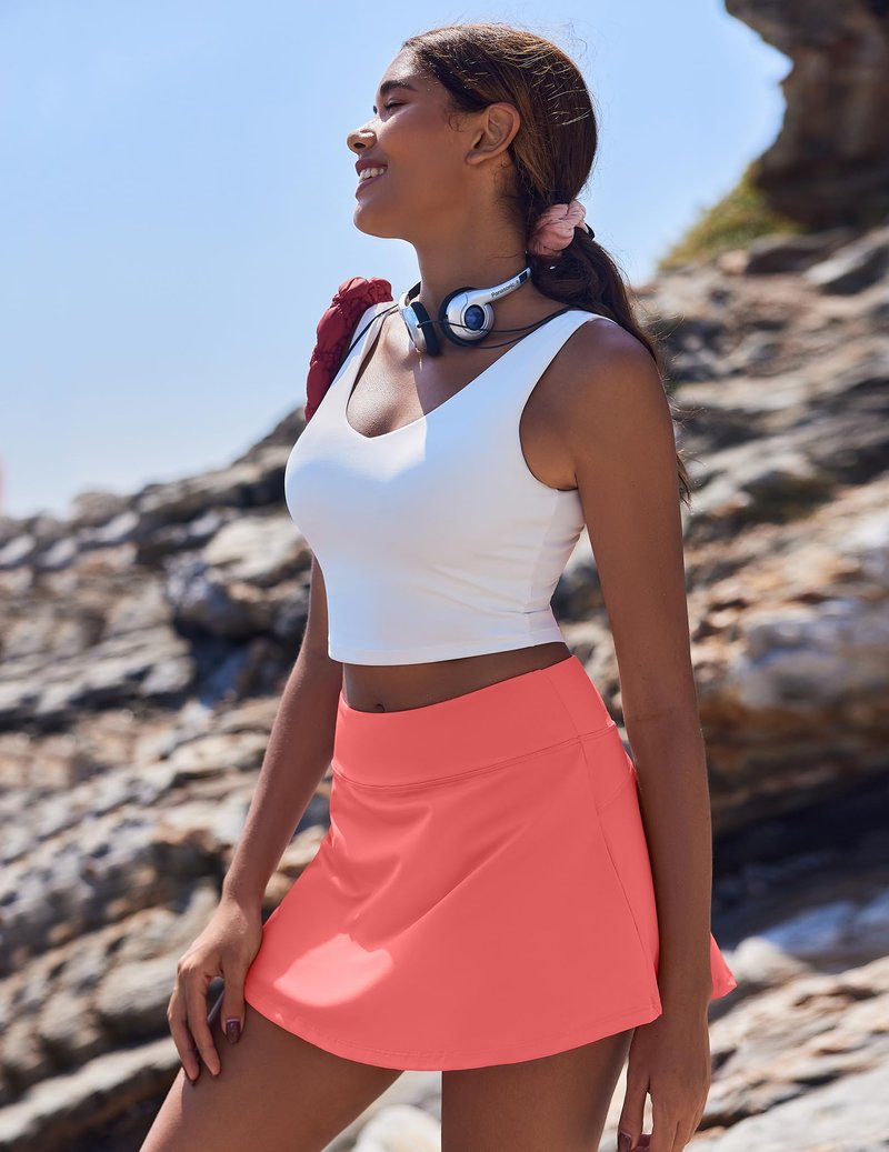 PINSPARK Tennis Skirt Pleated Golf Skorts for Women Workout Tummy Control Athletic Skirts with Pockets,Porcelain Rose X-Large