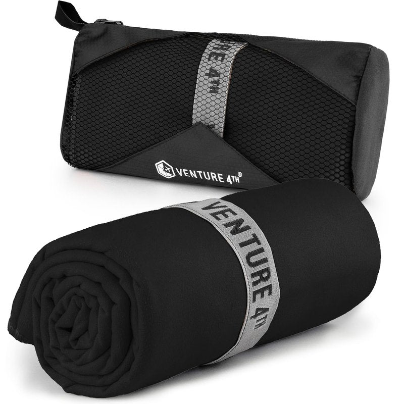 VENTURE 4TH Quick Dry Towel - Microfiber Travel Towel for Camping, Hiking, Gym, Beach - Lightweight, Packable, Compact Backpacking Companion - Black Medium