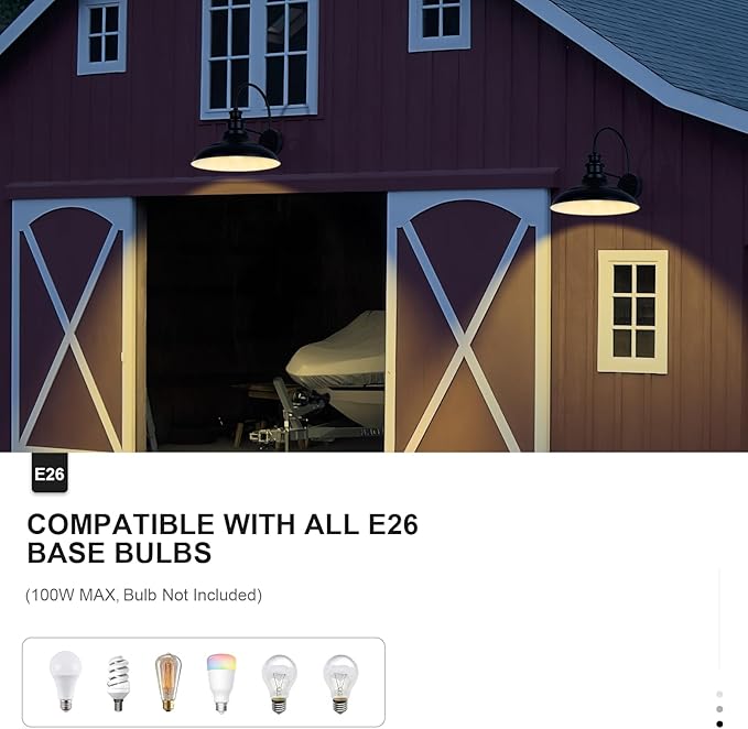 Outdoor Barn Light Fixtures, 16 Inch Large Dome Farmhouse Exterior Wall Mount Lights, Rustic Gooseneck Wall Sconces Indoor Wall Lighting, Industrial Black White Lanterns for Porch, 2 Pack