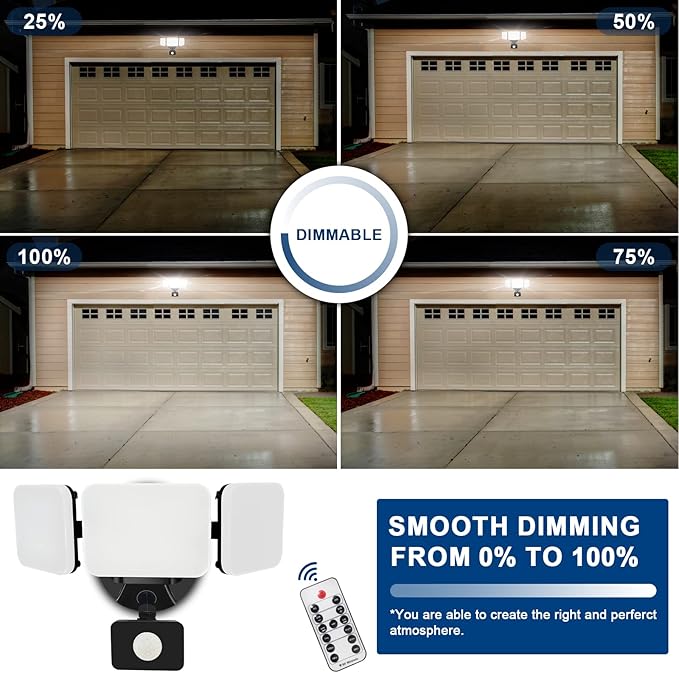 EMANER Outdoor Security Light Remote Control, Dusk to Dawn 280W Equiv. Motion Sensor Floodlight, Keep On or Motion Activated, Tunable White, 110V Dimmable Wall Light for Garage (Black, 1-Pack)