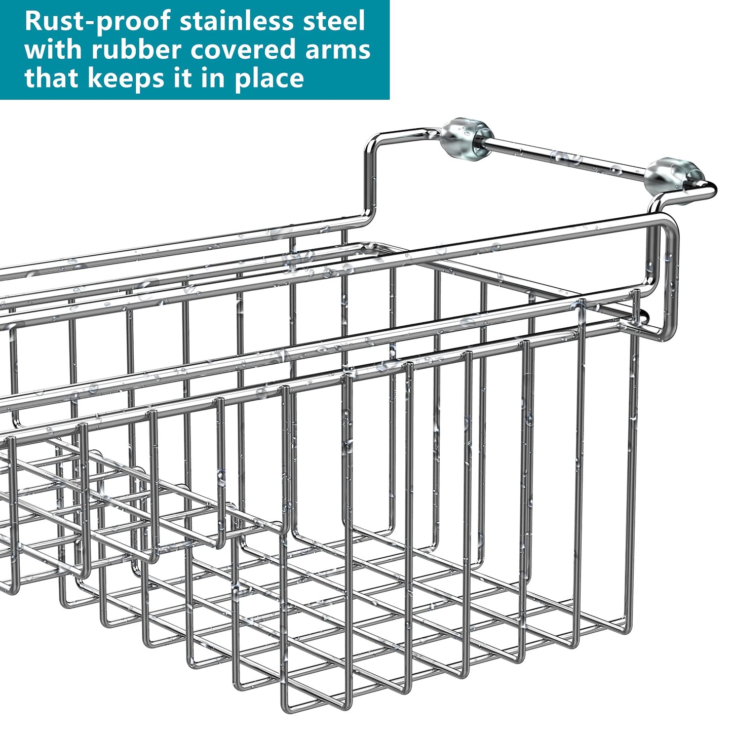 FavoThings Over The Kitchen Sink Caddy Sponge Holder Organizer Drying Rack Expandable for Sponge Brush Soap Dish Cloth Rag, Stainless Steel (12.25" to 17.25")